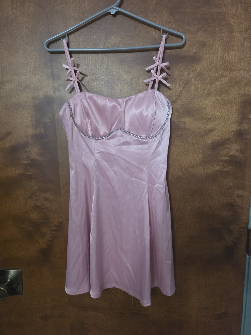 Fashion Nova Blush Pink Satin Mini Dress with Crystal Bust